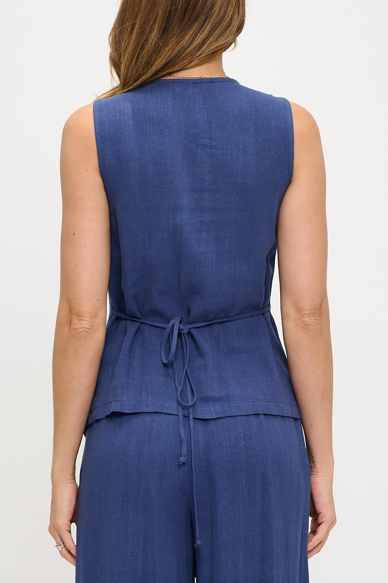 Sleeveless Vest with Buttons and Back Tie Detail