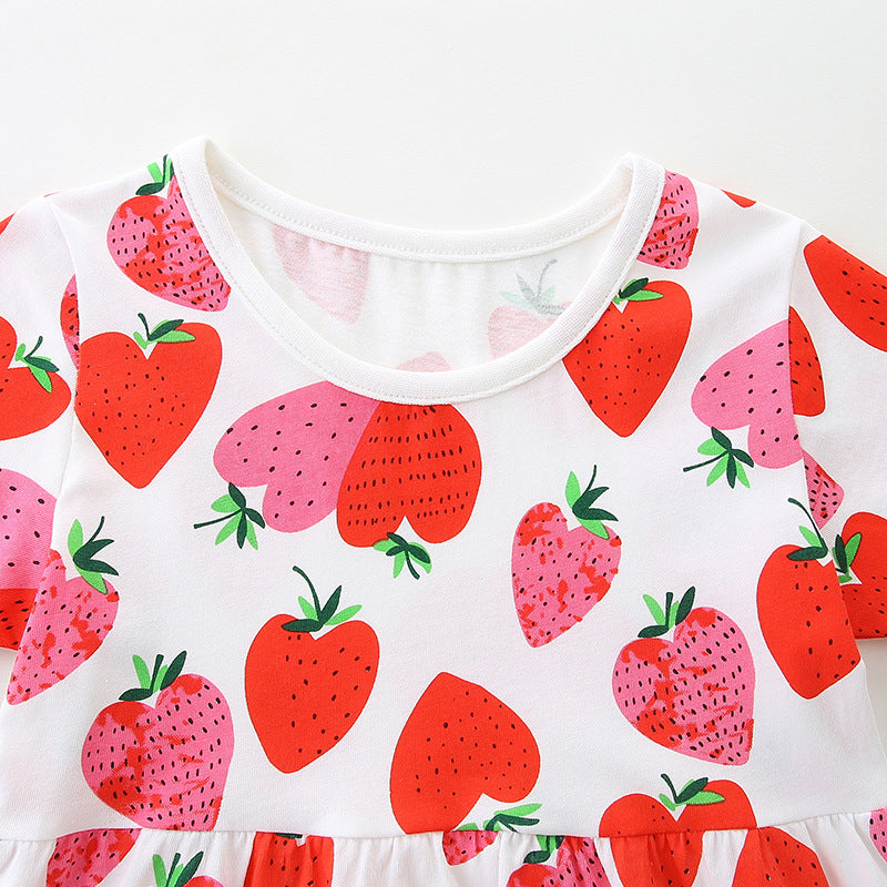 Summer Pure Cotton Fruits Strawberry Pattern Short Sleeves Dress for Stylish Girls