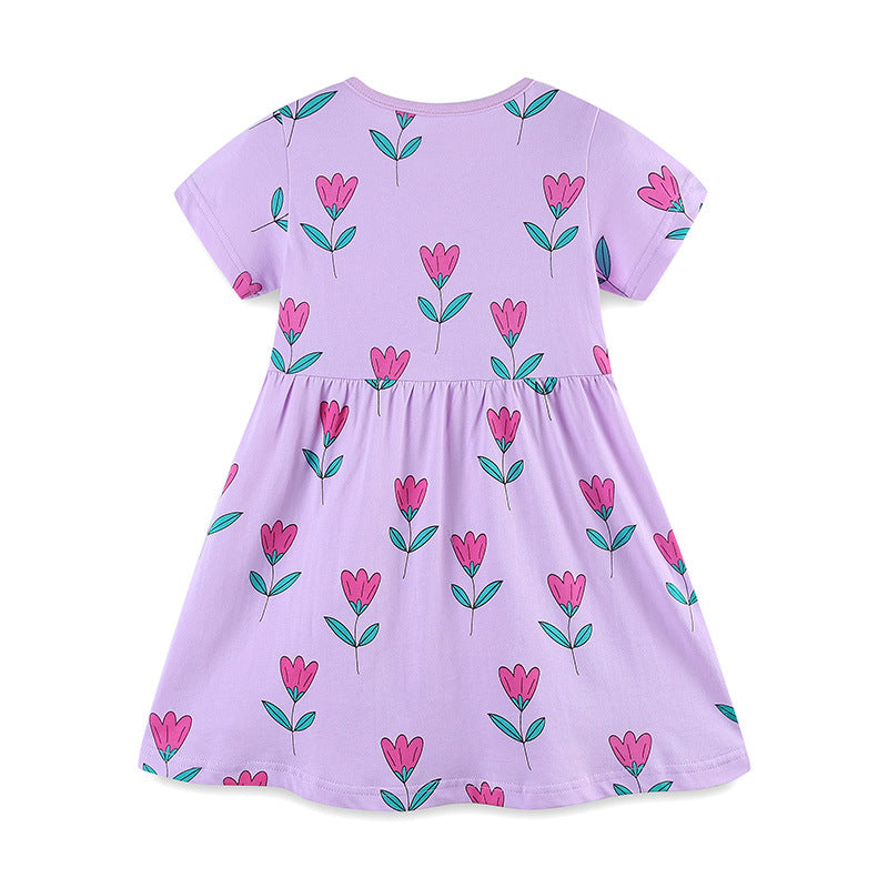 Summer Arrival Girls’ Purple Flowers Pattern Short Sleeves Dress