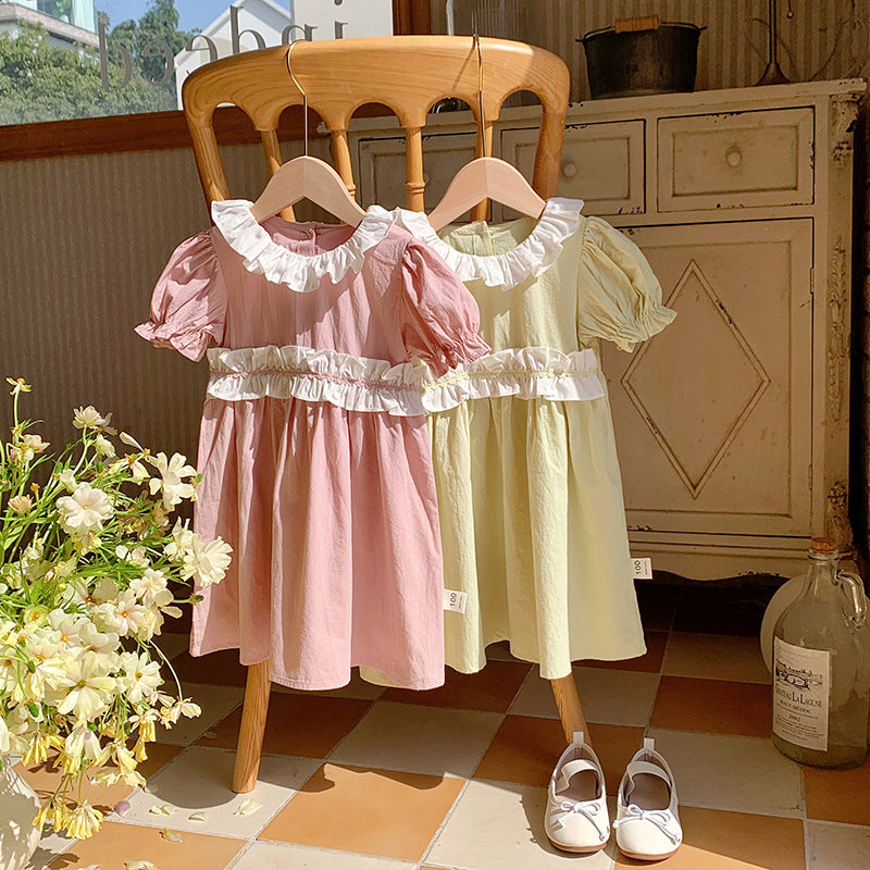Arrival Summer Kids Girls Short Sleeves Ruffle Collar Princess Dress