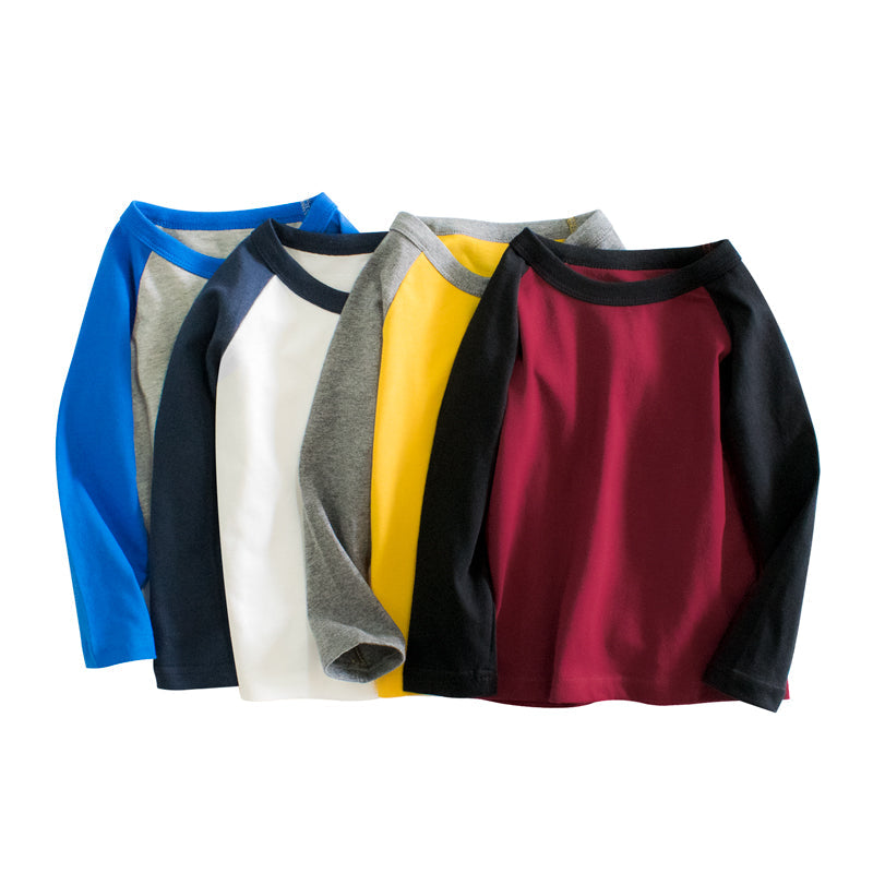 Boys Multi Colors Contrast Round Collar Long Sleeve T-Shirt