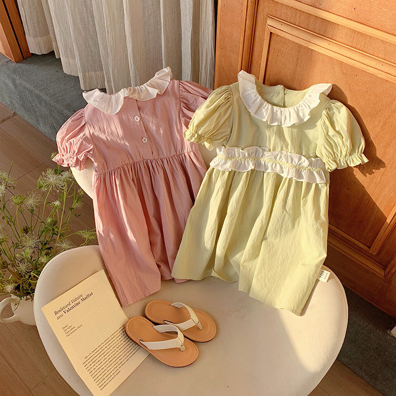 Arrival Summer Kids Girls Short Sleeves Ruffle Collar Princess Dress