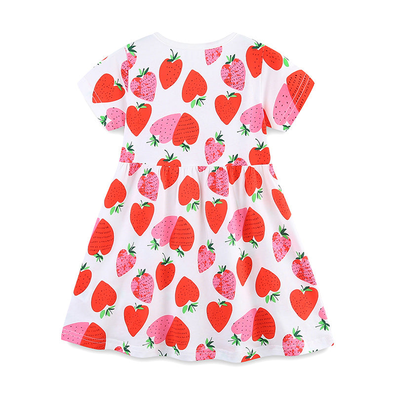 Summer Pure Cotton Fruits Strawberry Pattern Short Sleeves Dress for Stylish Girls