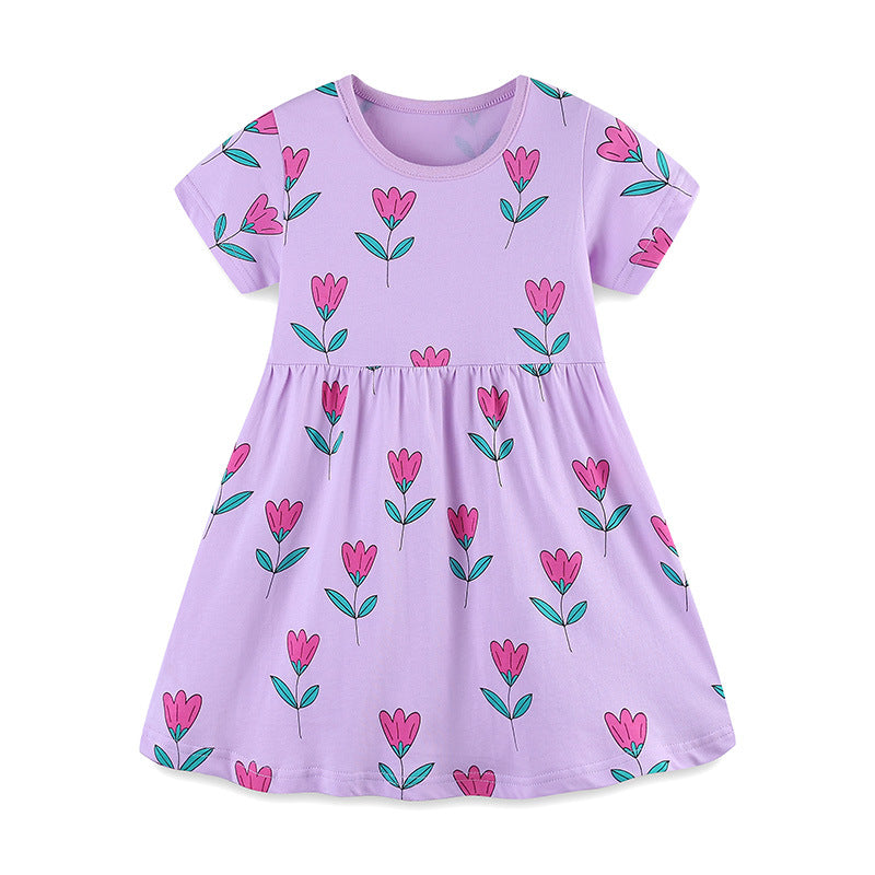 Summer Arrival Girls’ Purple Flowers Pattern Short Sleeves Dress
