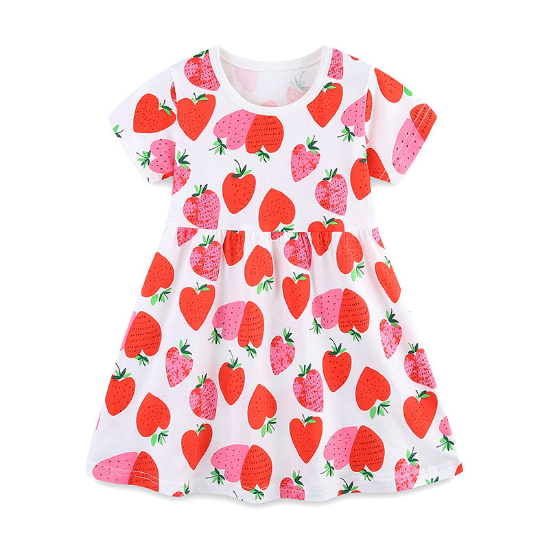 Summer Pure Cotton Fruits Strawberry Pattern Short Sleeves Dress for Stylish Girls