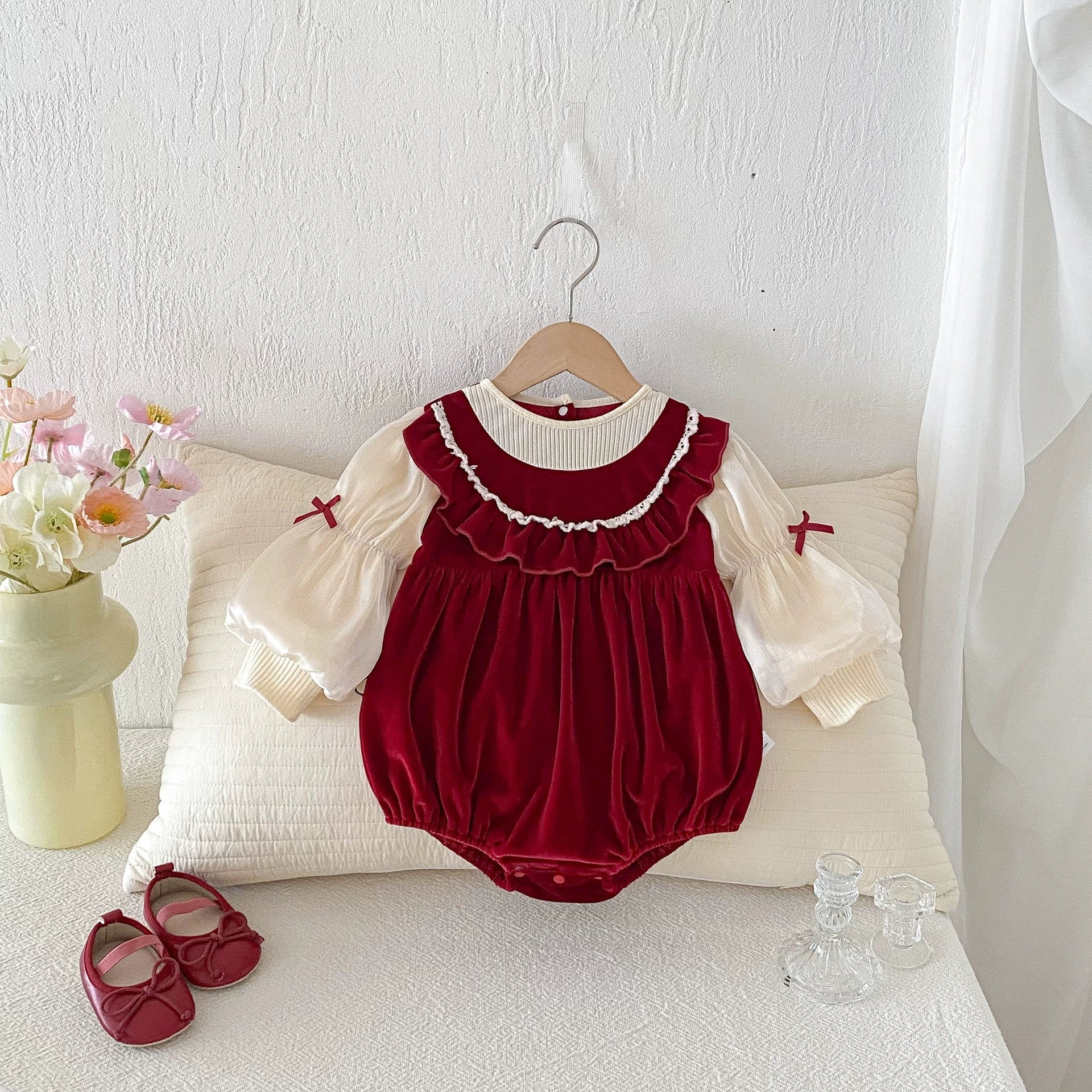 Autumn Arrival Baby Girls Long Sleeves Butterfly-bows Decorated Color Patchwork Onesies