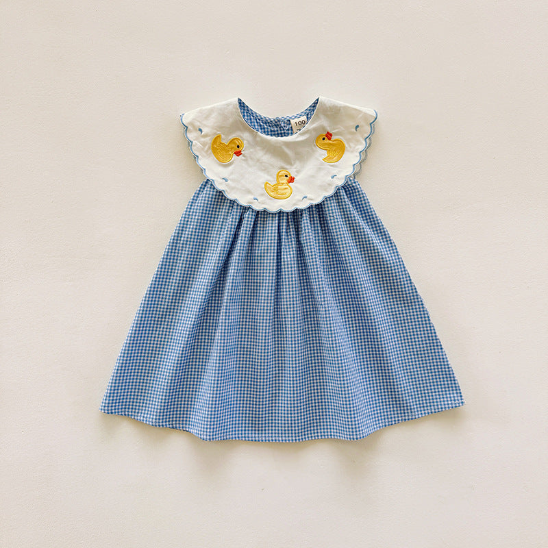 Summer Arrival Baby Kids Girls Sleeveless Ducks Pattern Embroidered Plaid Dress