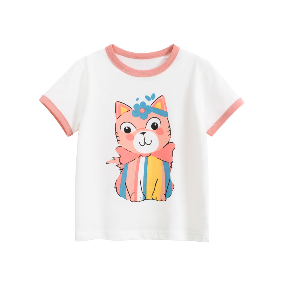 Summer Girls’ Cartoon Cats Pattern Printed T-shirt in European and American Style