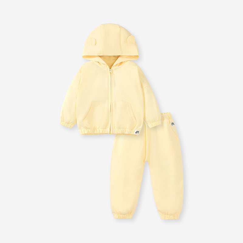 Spring And Autumn Girls Cute Solid Color Long Sleeves Top Hoodies And Pants Clothing Set
