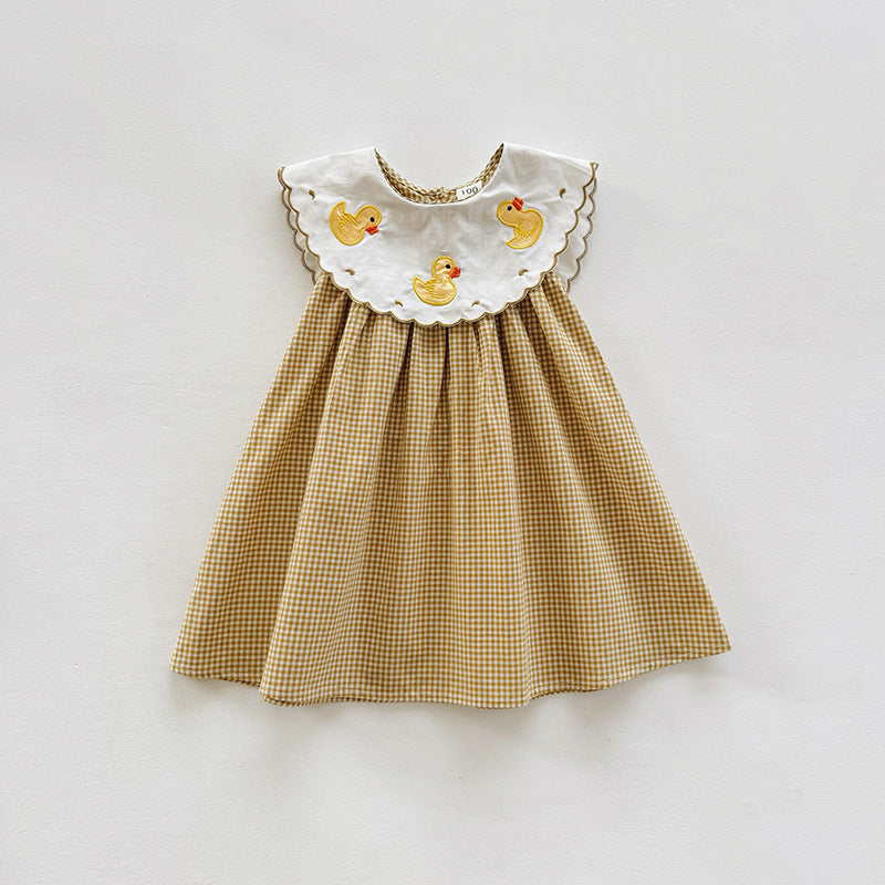 Summer Arrival Baby Kids Girls Sleeveless Ducks Pattern Embroidered Plaid Dress